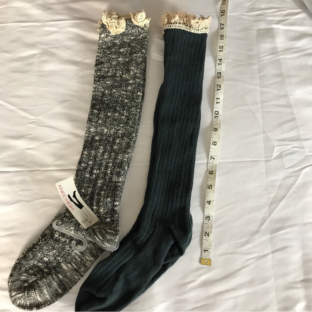 Two pairs Socks Teal Boot Socks and Black Marble w/Crochet Tops NWT